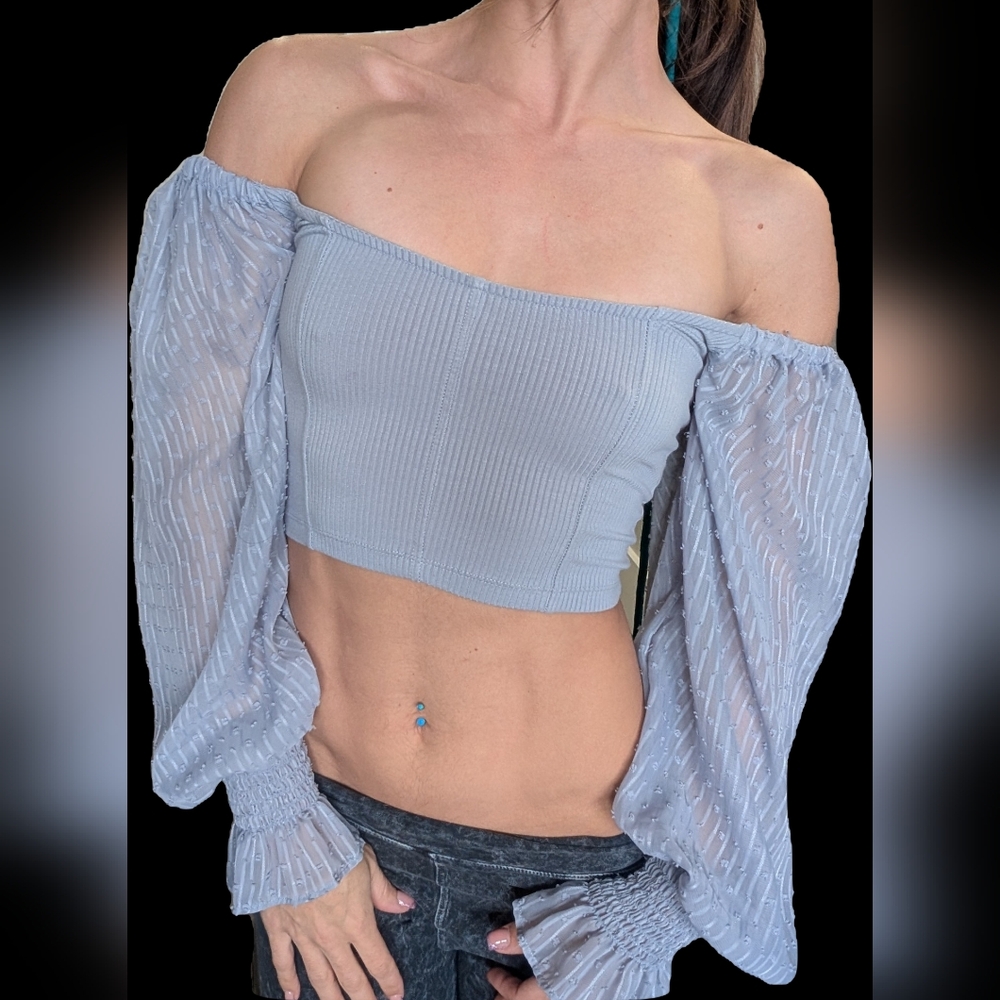 UO Off-Shoulder Light Blue Crop Top